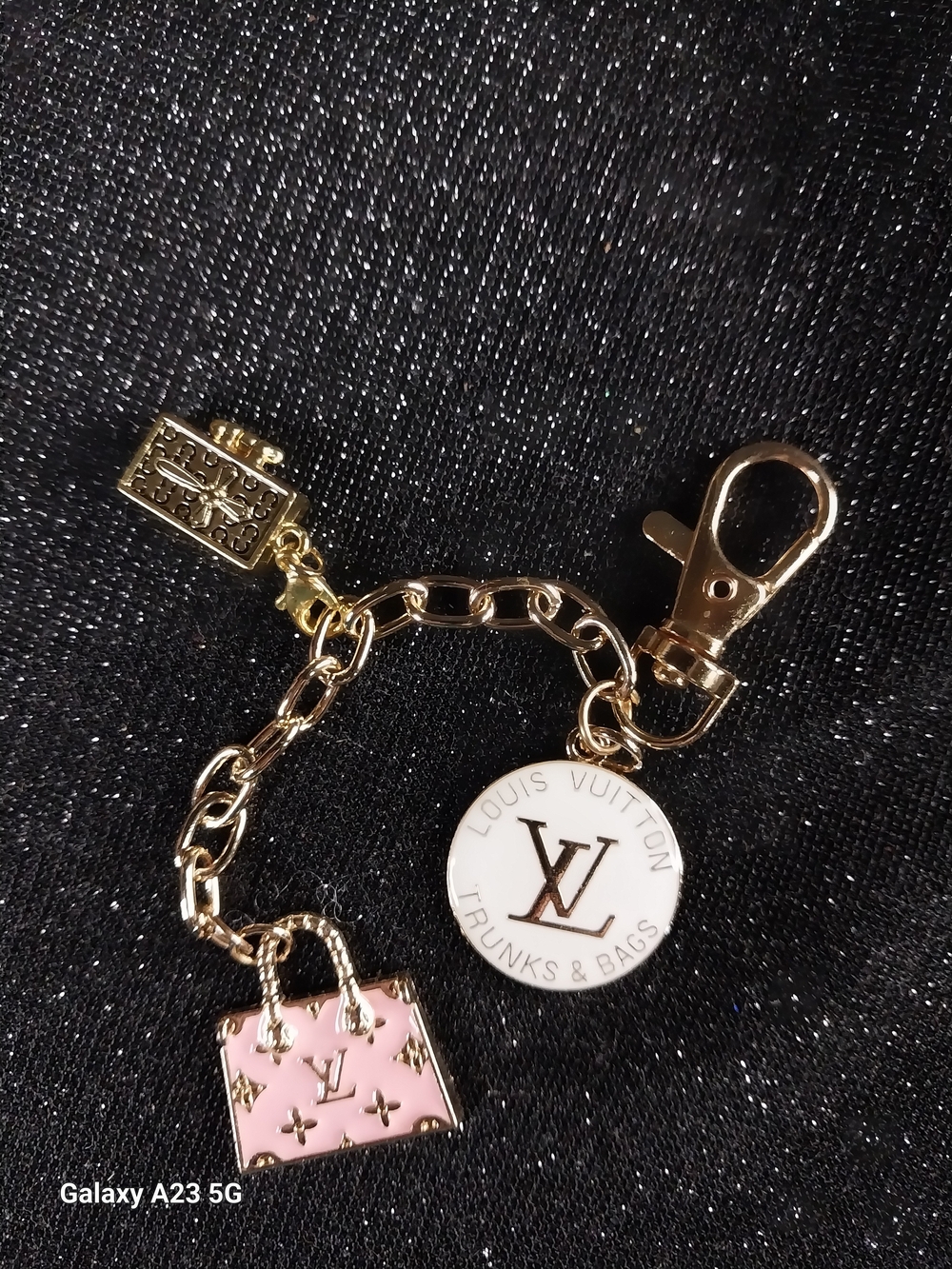 Louis Vuitton Pink Enamel Mini Bag Charm & White Round Logo Charm Set Of 2 Keych